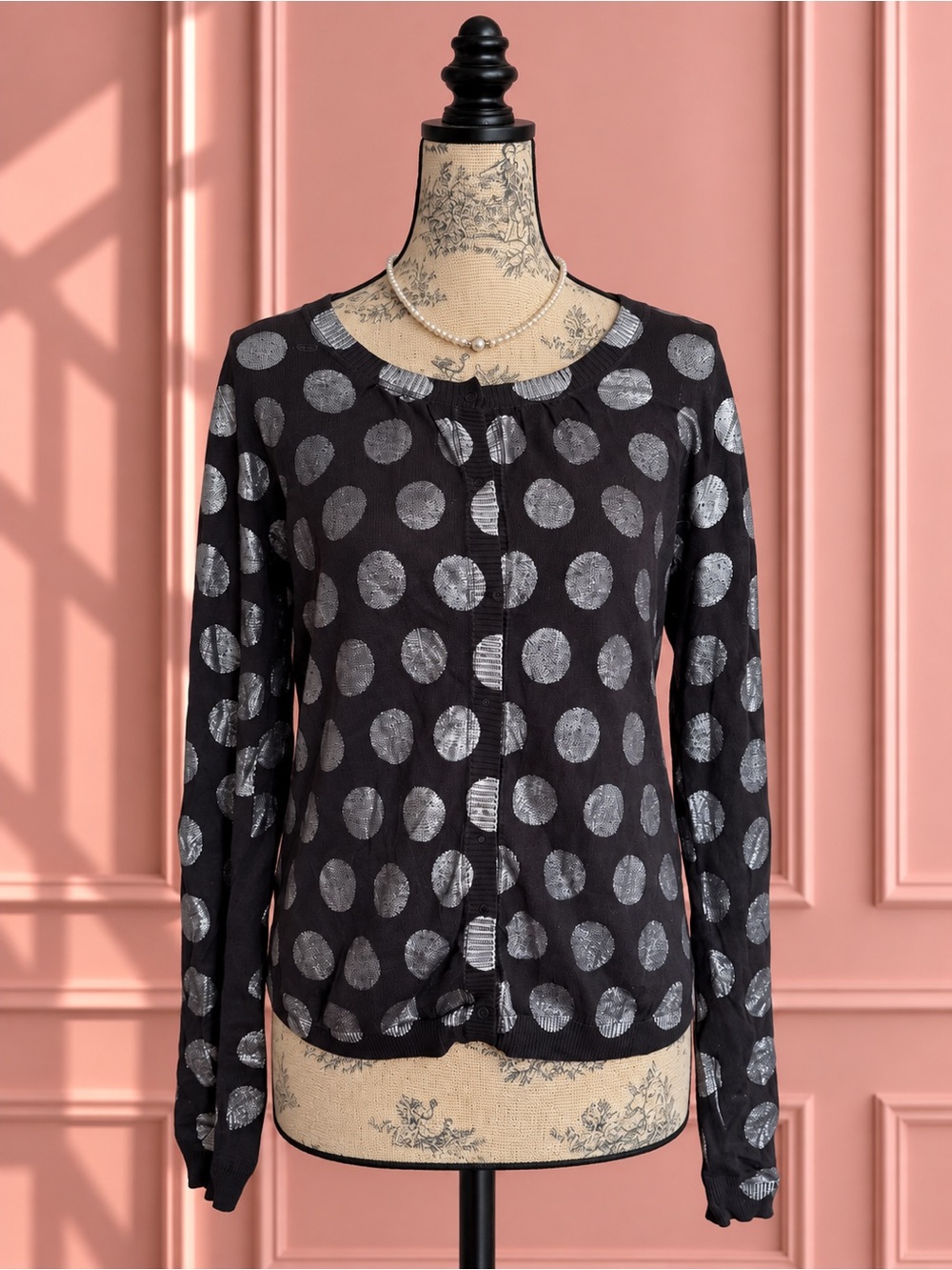 Kenzo Jeans Black Long-Sleeve Polka Dot Cardigan with Silver Dots Size L